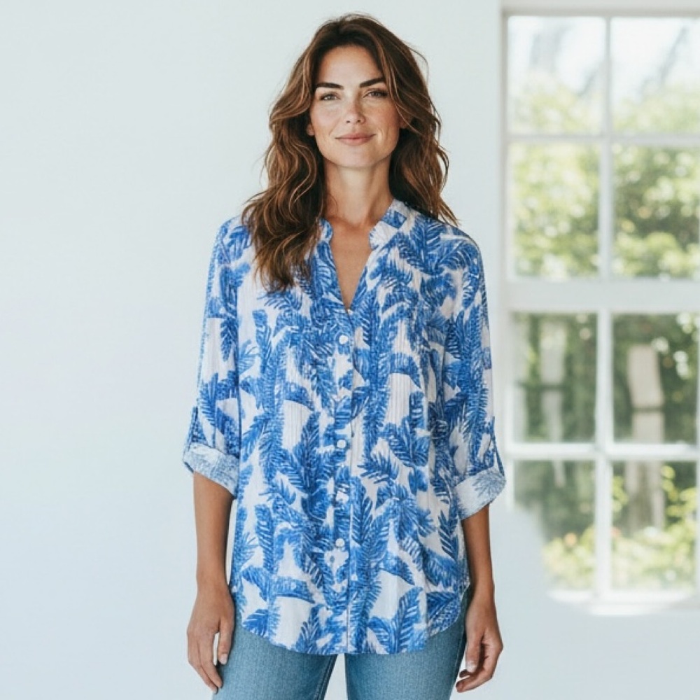 Blue Ginger Resort Wear of Hawaii Striking Blue & White Palm Pleated Top Size XL